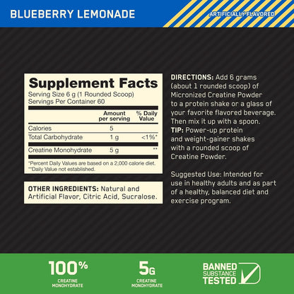 Optimum Nutrition Micronized Creatine Monohydrate Powder, Blueberry Lemonade Creatine, 60 Servings, 360 Grams (Packaging May Vary)