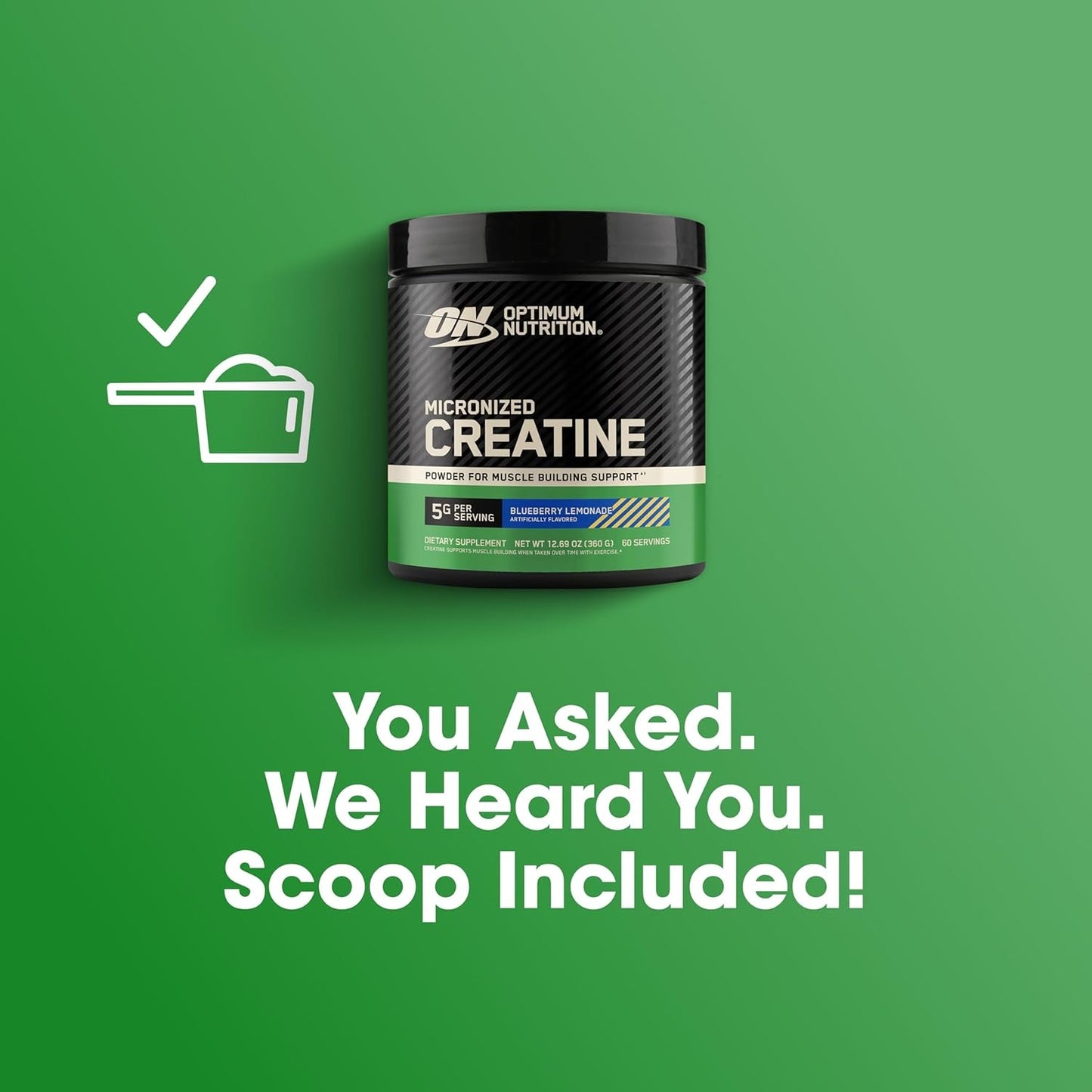 Optimum Nutrition Micronized Creatine Monohydrate Powder, Blueberry Lemonade Creatine, 60 Servings, 360 Grams (Packaging May Vary)