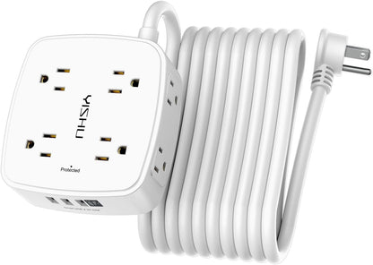 6 Ft Surge Protector Power Strip - 8 Widely Outlets with 4 USB Ports, 3 Side Outlet Extender with 6 Feet Extension Cord, Flat Plug, Wall Mount, Desk USB Charging Station, ETL,White
