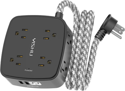 6 Ft Surge Protector Power Strip - 8 Widely Outlets with 4 USB Ports, 3 Side Outlet Extender with 6 Feet Extension Cord, Flat Plug, Wall Mount, Desk USB Charging Station, ETL,White