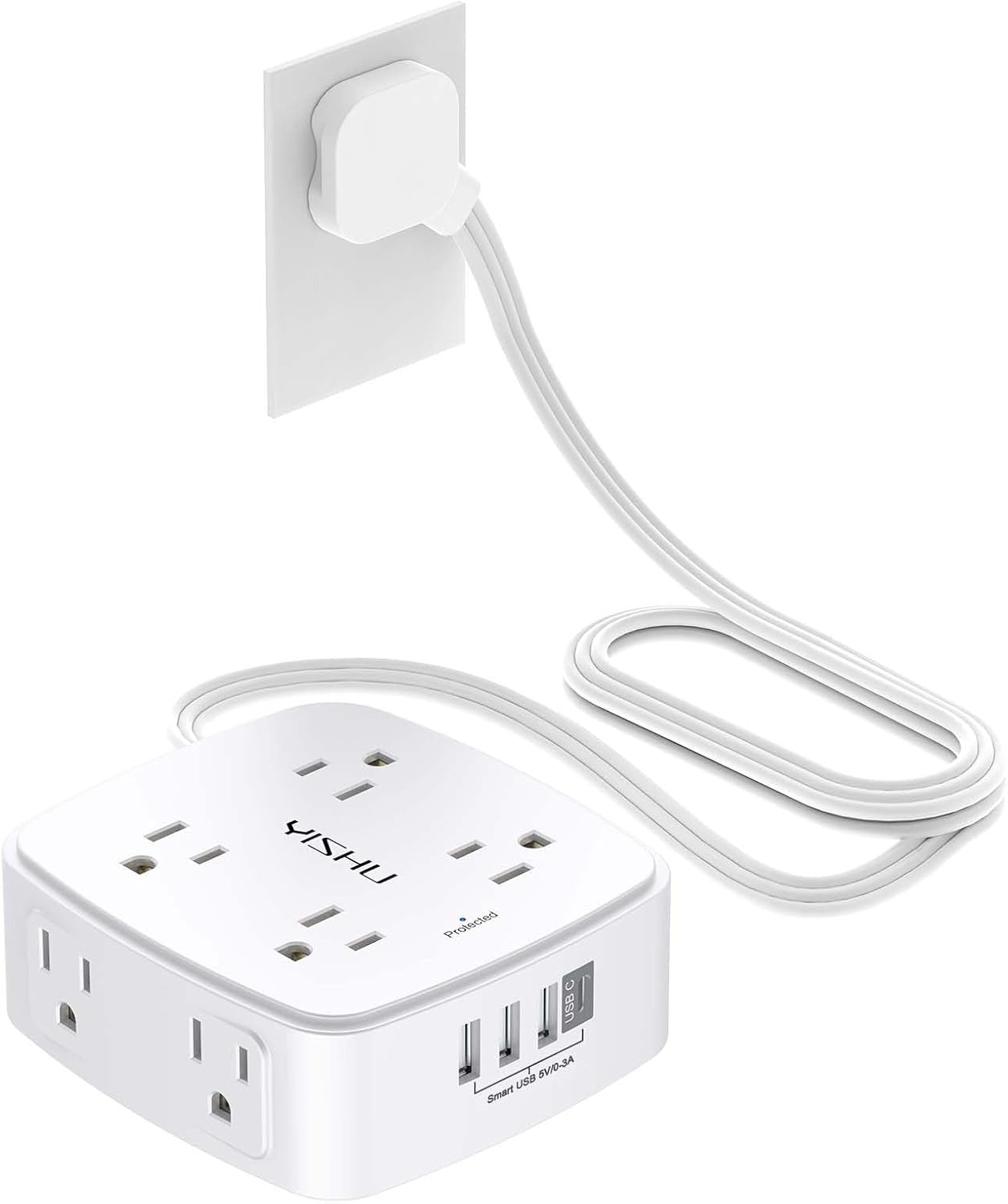 6 Ft Surge Protector Power Strip - 8 Widely Outlets with 4 USB Ports, 3 Side Outlet Extender with 6 Feet Extension Cord, Flat Plug, Wall Mount, Desk USB Charging Station, ETL,White