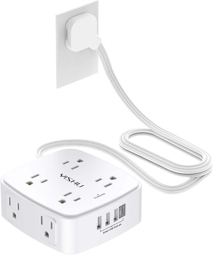 6 Ft Surge Protector Power Strip - 8 Widely Outlets with 4 USB Ports, 3 Side Outlet Extender with 6 Feet Extension Cord, Flat Plug, Wall Mount, Desk USB Charging Station, ETL,White