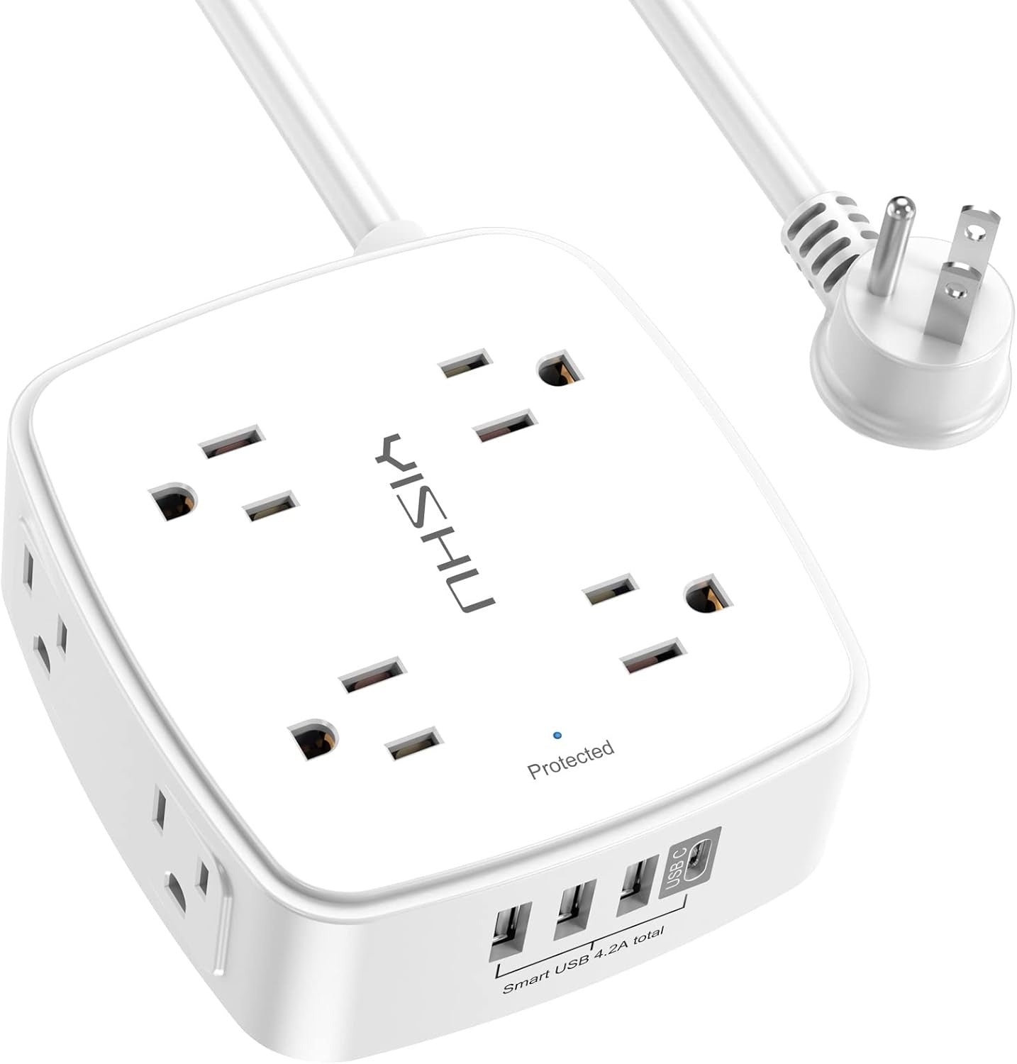 6 Ft Surge Protector Power Strip - 8 Widely Outlets with 4 USB Ports, 3 Side Outlet Extender with 6 Feet Extension Cord, Flat Plug, Wall Mount, Desk USB Charging Station, ETL,White