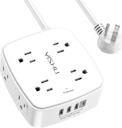 6 Ft Surge Protector Power Strip - 8 Widely Outlets with 4 USB Ports, 3 Side Outlet Extender with 6 Feet Extension Cord, Flat Plug, Wall Mount, Desk USB Charging Station, ETL,White