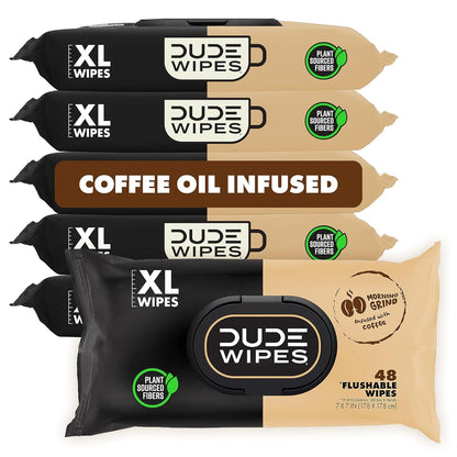 DUDE Wipes Unscented Flushable Wipes - Extra-Large Adult Wet Wipes for Sensitive Skin - 6 Pack (288 Count) - Infused with Vitamin E and Aloe - Septic and Sewer Safe
