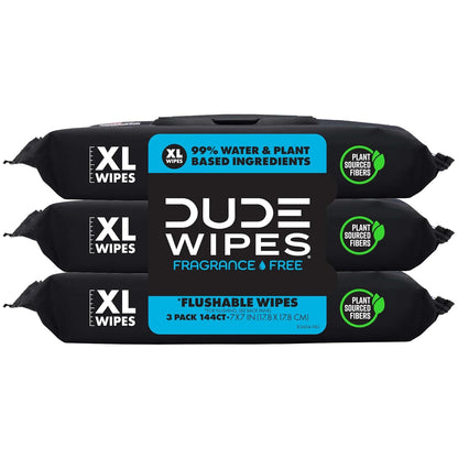 DUDE Wipes Unscented Flushable Wipes - Extra-Large Adult Wet Wipes for Sensitive Skin - 6 Pack (288 Count) - Infused with Vitamin E and Aloe - Septic and Sewer Safe
