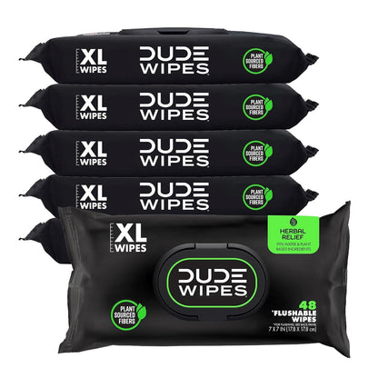 DUDE Wipes Unscented Flushable Wipes - Extra-Large Adult Wet Wipes for Sensitive Skin - 6 Pack (288 Count) - Infused with Vitamin E and Aloe - Septic and Sewer Safe