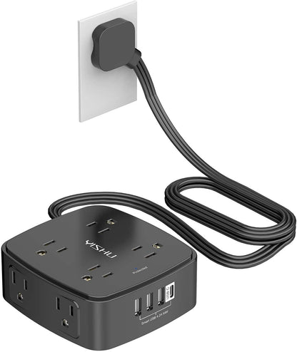 6 Ft Surge Protector Power Strip - 8 Widely Outlets with 4 USB Ports, 3 Side Outlet Extender with 6 Feet Extension Cord, Flat Plug, Wall Mount, Desk USB Charging Station, ETL,White